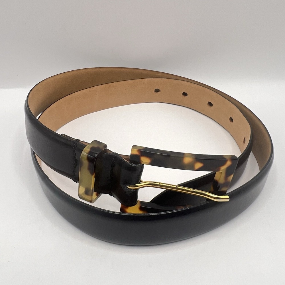 VTG Italian Genuine Leather Belt Medium Brown Tortoiseshell Buckle Classic
